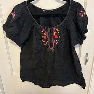 Embroidered Black Peasant Top